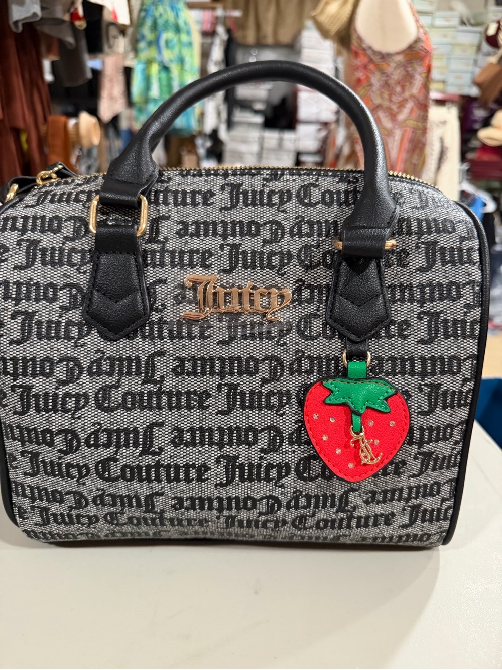 Juicy Couture Black & Gray Logo Satchel with Red Strawberry Charm